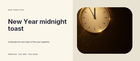 Golden clock striking midnight in New Year midnight toast event ticket template