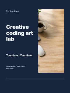 Programming workspace with laptop and coffee in Creative coding art lab poster · Split portrait