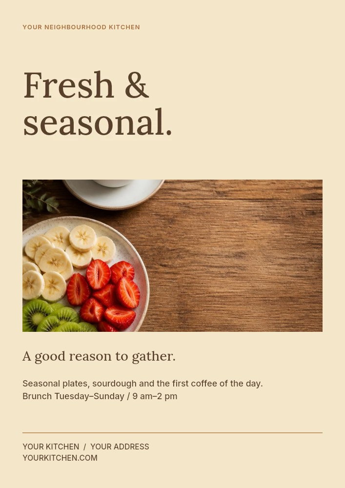 Steaming coffee with fresh fruit plate in Fresh and seasonal · Brunch flyer