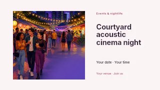 Courtyard acoustic cinema night presentation cover template · Horizontal photo dialogue