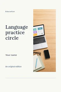 Home workspace with laptop and study materials in Language practice circle · Split portrait