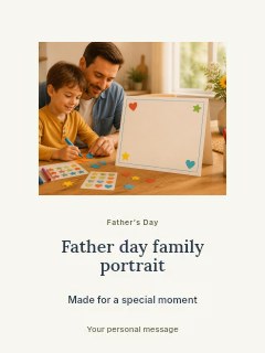 Father and son making a card together in Father Day family portrait · Picture window