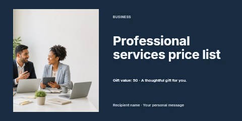 Diverse professionals collaborating in office meeting in Professional services price list gift voucher template