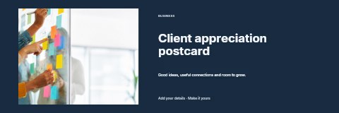 Team brainstorming with colorful sticky notes in Client appreciation postcard banner template