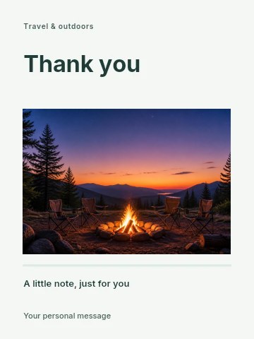 Campfire with chairs at mountain sunset in Camping trip greeting card template