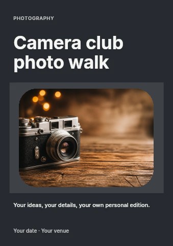 Vintage film camera on wooden surface in Camera club photo walk flyer template