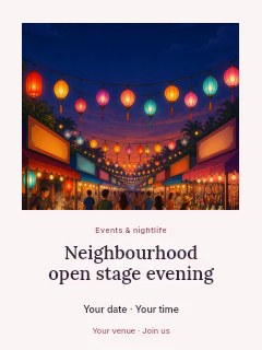 Evening Market with Colorful Lanterns in Neighbourhood open stage evening poster · Quiet photo gallery