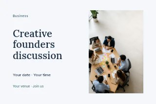 Creative founders discussion postcard template · Horizontal photo dialogue