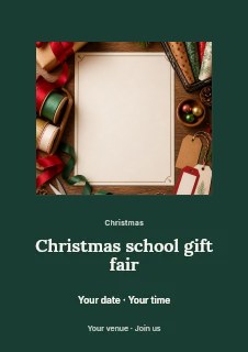 Christmas gift wrapping supplies flatlay in Christmas school gift fair flyer · Picture window