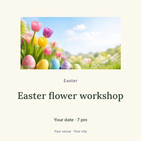 Colorful Easter eggs and tulips in Easter flower workshop social media post template