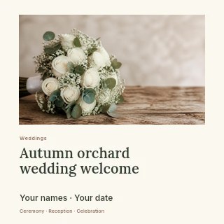 Autumn orchard wedding welcome social media post template · Gallery editorial