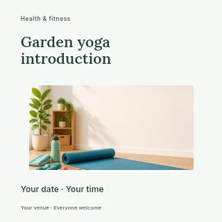 Home workout setup with yoga mat and weights in Garden yoga introduction social media post · Modern programme