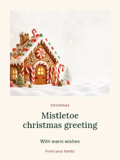 Decorated gingerbread house in snow in Mistletoe Christmas greeting · Quiet photo gallery