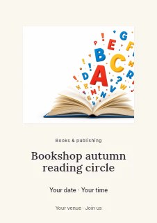 Open book with colorful floating letters in Bookshop autumn reading circle flyer · Picture window
