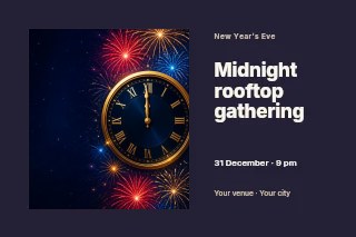 Clock striking midnight with fireworks in Midnight rooftop gathering · Horizontal photo dialogue