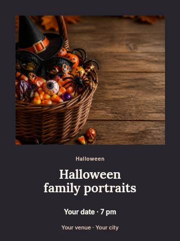 Halloween basket with candy and decorations in Halloween family portraits invitation template