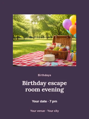 Birthday escape room evening poster template