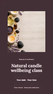 Lavender spa essentials with candles and stones in Natural candle wellbeing class instagram story · Picture window