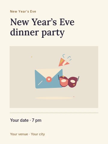Masquerade invitation with mask and party horn in New Year’s Eve dinner party invitation template