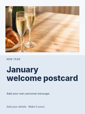 Elegant champagne breakfast setup with fruits in January welcome postcard greeting card template
