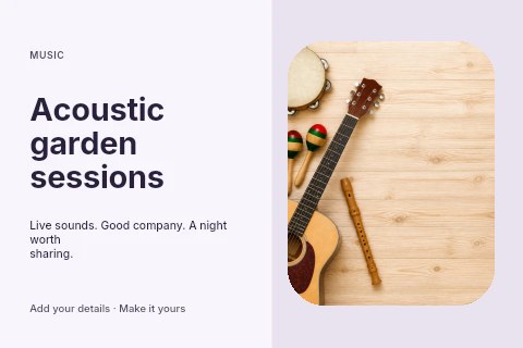 Acoustic instruments on wooden surface in Acoustic garden sessions postcard template