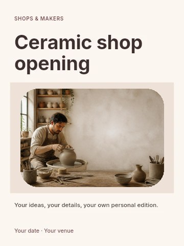 Potter shaping clay on wheel in Ceramic shop opening invitation template