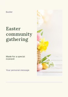 Easter basket with colored eggs and flowers in Easter community gathering · Split portrait