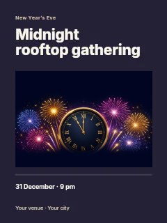 New Year Countdown Clock with Fireworks in Midnight rooftop gathering · Title & photograph