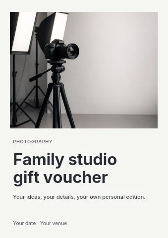 Professional DSLR camera with studio lighting setup in Family studio gift voucher flyer template