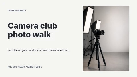 Professional DSLR camera with studio lighting setup in Camera club photo walk presentation cover template