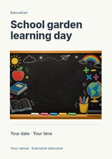 Colorful school-themed chalkboard drawing in School garden learning day flyer · Title & photograph