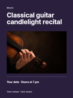 Hand playing violin close-up in Classical guitar candlelight recital poster · Title & photograph