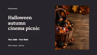 Halloween basket with candy and decorations in Halloween autumn cinema picnic presentation cover · Horizontal photo dialogue