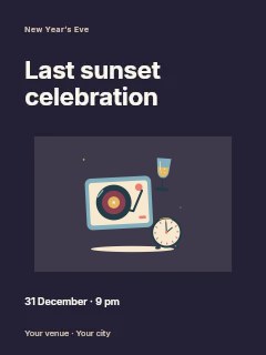 Countdown music with turntable and champagne in Last sunset celebration · Modern programme