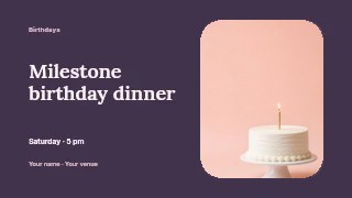Simple white birthday cake with single candle in Milestone birthday dinner · Horizontal photo dialogue