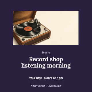 Record shop listening morning social media post template · Picture window