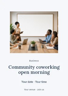 Community coworking open morning flyer template · Picture window