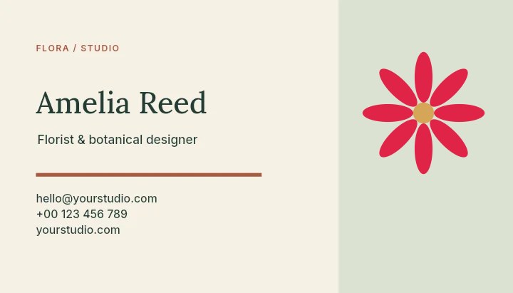 Daisy flower · 8 petals and seed centre in Flora studio · Botanical business card