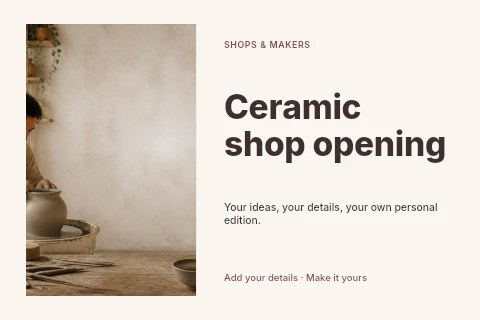 Potter shaping clay on wheel in Ceramic shop opening postcard template