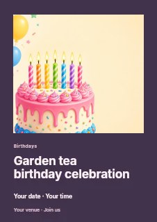 Colorful birthday cake with candles in Garden tea birthday celebration flyer · Gallery editorial