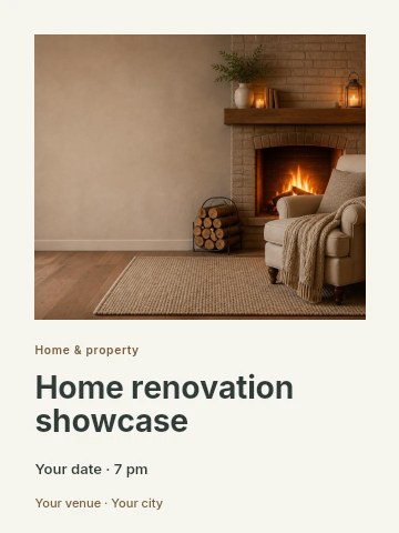 Cozy armchair by warm fireplace in Home renovation showcase poster template