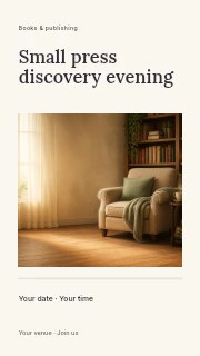 Small press discovery evening instagram story template · Title & photograph