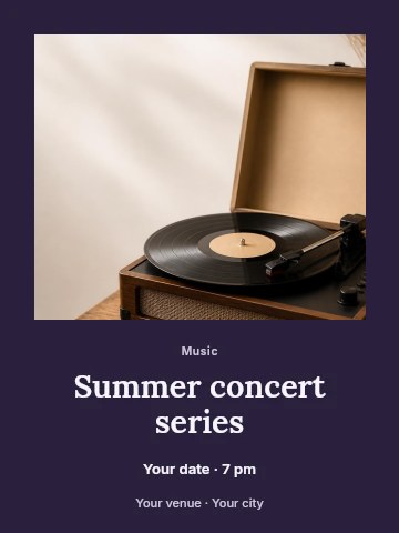 Vintage turntable playing vinyl record in Summer concert series poster template