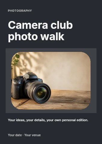 dslr camera on wooden table in Camera club photo walk flyer template