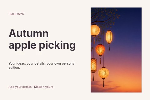 Glowing Paper Lanterns at Sunset in Autumn apple picking postcard template