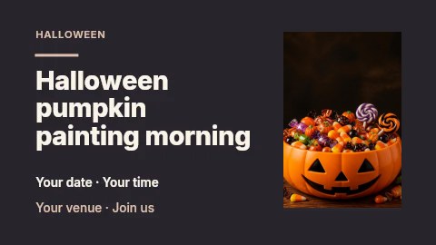 Jack-o-lantern bowl filled with Halloween candy in Halloween pumpkin painting morning presentation cover · Horizontal photo dialogue