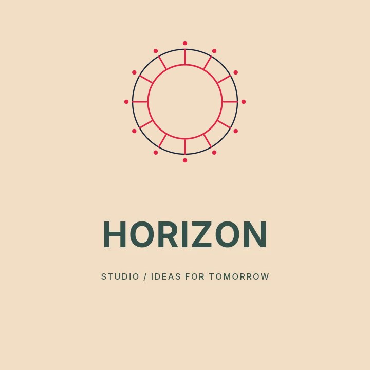 Dot radial emblem · 12 motifs and spokes in Horizon studio · Illustrated logo