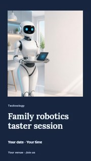 Friendly robot serving coffee on tray in Family robotics taster session instagram story · Gallery editorial