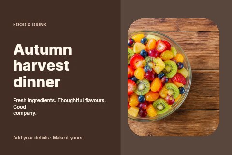 Colorful fresh fruit salad in glass bowl in Autumn harvest dinner postcard template