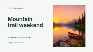 Sunset over peaceful mountain lake with canoe in Mountain trail weekend · Horizontal photo dialogue